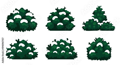 Snowy pixel art bushes. Winter game assets. Digital nature elements.