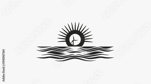 Abstract illustration of a wind turbine within the sun over the ocean