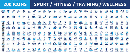 Huge set of 200 solid icons. Mega collection concept of sport, fitness, training, gym and wellness. Vector illustration.