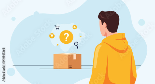 Man Considering Package Contents. Online Shopping Decision. Question Mark Concept.