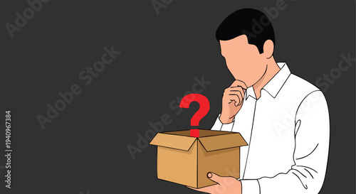 Man contemplating a box with a question mark. Concept of mystery, decision, or unknown.