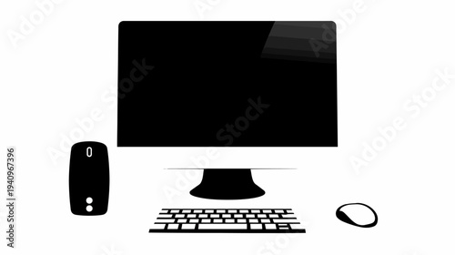 Modern computer setup with keyboard mouse and monitor isolated on white