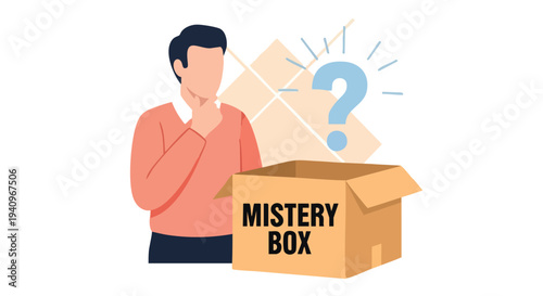 Man with Mystery Box. Decision Making Concept. Flat Vector Illustration. Business Uncertainty.
