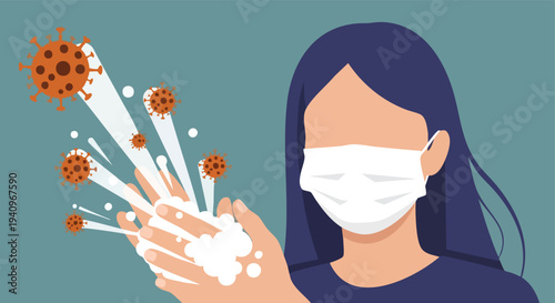 Hand washing with face mask. Coronavirus prevention illustration. Hygiene concept. Flat design vector graphic.