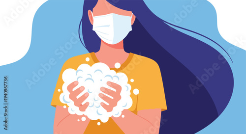 Woman washing hands with soap, wearing face mask. Flat design illustration. Health hygiene concept.