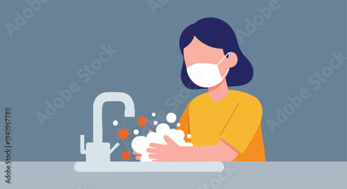 Hand washing person with mask. Flat illustration. Hygiene concept. Disease prevention during pandemic.