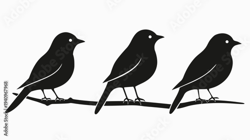 Three silhouette birds perched on a branch against a white background