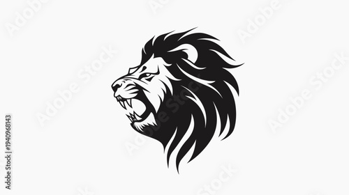 Roaring lion head silhouette in black and white against a white background