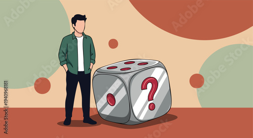 Man Standing Next to Giant Dice with Question Mark. Concept of Chance, Decision, Risk.