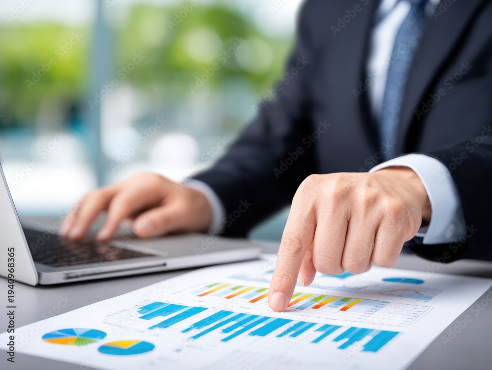 Obraz premium Professional Businessman Analyzing Financial Data with Laptop and Documents in Modern Office
