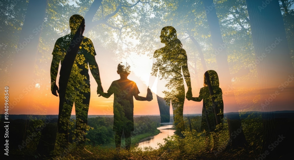 Fototapeta premium A silhouetted family stands hand-in-hand on a hilltop, facing a vibrant sunset. The father, mother, son, and daughter are seamlessly blended with the surrounding trees, creating a beautiful composite