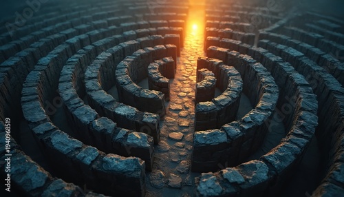 Stone maze circular path leading to bright light. Ancient structure complex stone walls, dark mysterious passages. Path in center of labyrinth, guiding way forward.