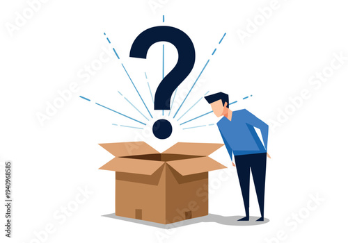 Man curious about contents of open box, question mark above.