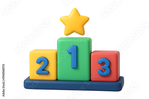 Winners podium with numbers one two and three topped with a golden star isolated on transparent background for competition achievement success and award recognition platform