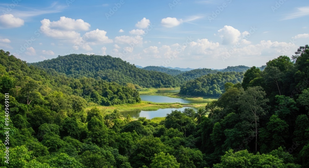 Fototapeta premium A stunning panoramic view showcases a lush, green tropical landscape. A serene lake reflects the surrounding dense forest and rolling hills.