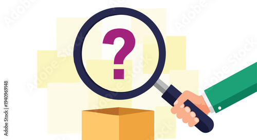 Question Mark Magnified. Search for Mystery. Box Discovery.