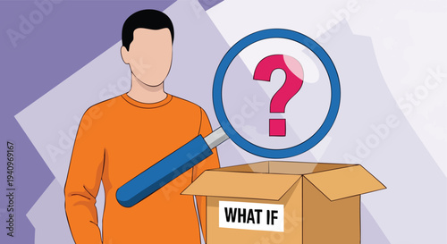 Man examining box with question mark. What if concept.