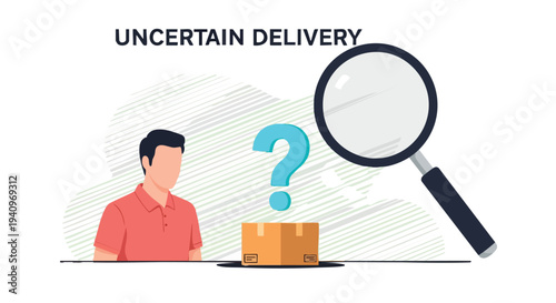 Uncertain Delivery. Man Searching for Package. Question Mark.