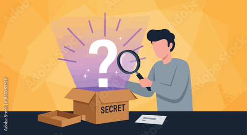 Man investigating secret box. Mystery discovery concept. Flat vector illustration. Curiosity and problem-solving.