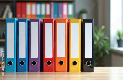Row of colorful binders neatly arranged on desk in modern office workspace. Storage solutions for documents, paperwork. Organization system for files, records. Creative office supplies for planning,