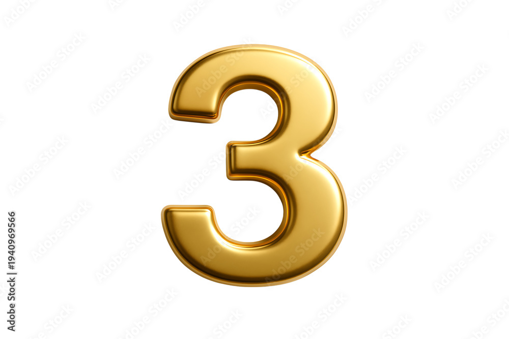 Fototapeta premium Shiny gold number three isolated on a transparent background for third anniversary ranking countdown or countdown timer display in professional marketing and advertising graphic design
