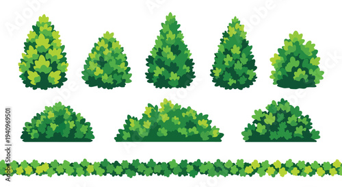 Green Bush and Tree Set. Garden Plants Collection. Vector Illustration.
