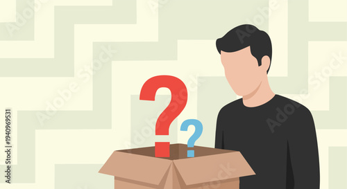 Man looking into box with question marks. Flat design illustration. Problem solving, decision making concept.