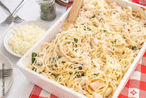 Creamy chicken pasta bake. Easy spaghetti dinner idea