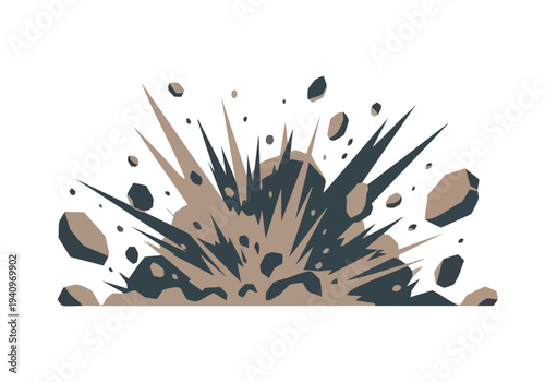Explosion effect. Debris scattering. Graphic illustration. Impact burst. Shattering rocks. Vector element.