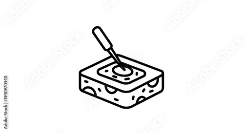 Abstract illustration of a cheese block with holes and a knife cutting it