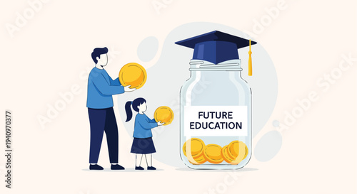 Father and daughter saving for future education. Family financial planning illustration. Investment concept.