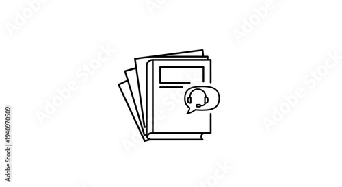 Audiobook icon: Stack of books with headphones and speech bubble, line art