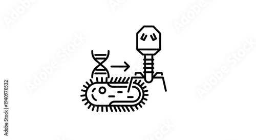 Bacteriophage injecting DNA into bacterium, scientific illustration