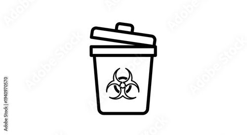 Biohazard Waste Bin Icon with Biohazard Symbol, Medical Trash Can Outline