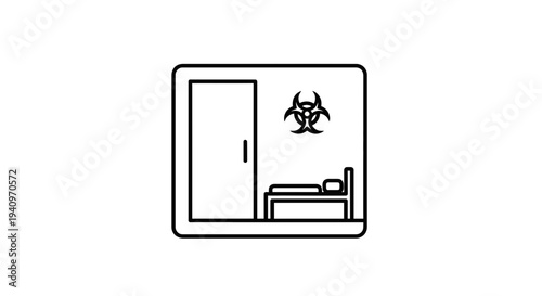 Biohazard symbol above bed in isolation room, quarantine, medical danger concept