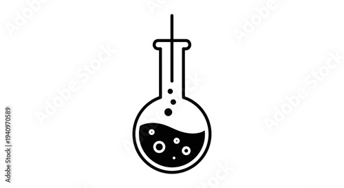 Black and white icon of a round bottom flask with bubbling liquid, representing science and chemistry