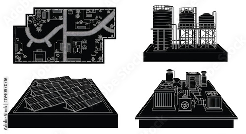Architectural blueprints and industrial facility designs on display