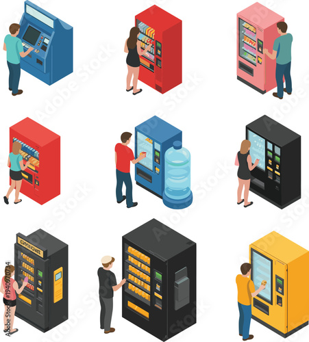 People buying snacks and drinks from vending machines vector illustration set with water dispenser automatic self service retail kiosks