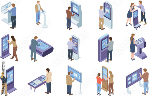People interacting with touchscreen kiosks vector illustration set, digital information displays and self service interactive technology terminals