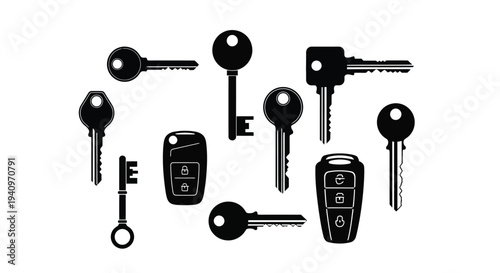 Collection of various keys and remote controls in black silhouette
