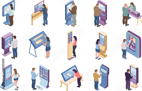 People using interactive touchscreen kiosks vector illustration set, digital information terminals, self service technology screens in public spaces