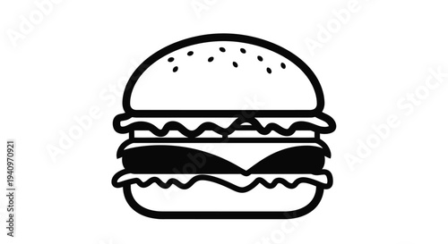 A simple black and white illustration of a stacked cheeseburger