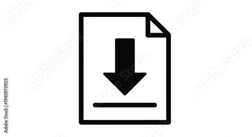 Simple black and white icon depicting a download symbol on a document