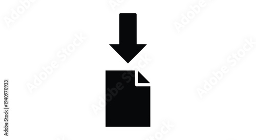 A black arrow pointing down onto a black rectangle with a corner fold