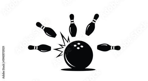 A black bowling ball striking pins creating an explosive impact