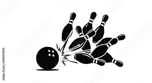 A black and white illustration depicting bowling pins being struck by a ball