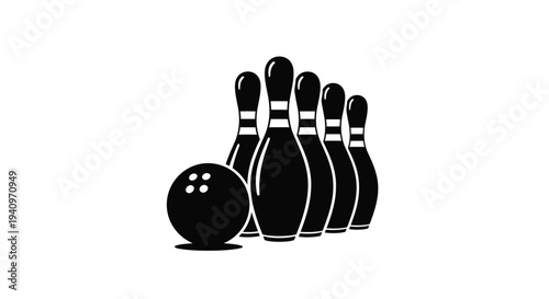 Black silhouette of bowling pins and a bowling ball on white