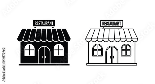 Simple black and white illustrations of two restaurant building facades