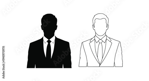 Two male figures in suits one silhouette one outline drawing