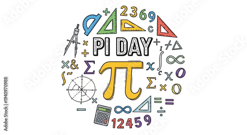 Colorful Pi Day illustration with mathematical symbols and numbers on a white background, conveying a math education concept.